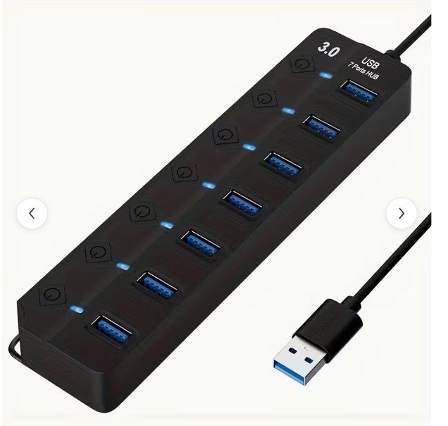 Hub USB 3.0 – 7 Ports avec Interrupteurs LED – Câble Extension – PC & Mac