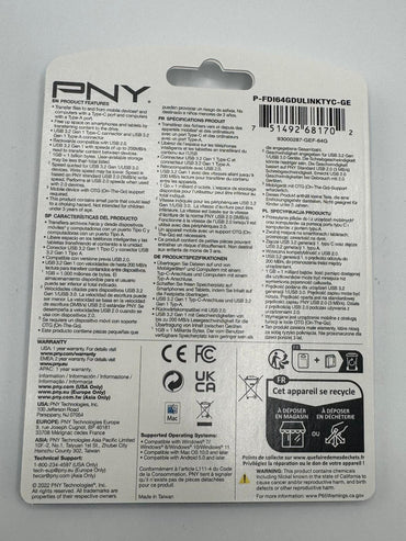 Clé USB PNY Duo Link 64 Go – USB-C & USB-A – Métal – Double connecteur – Neuve