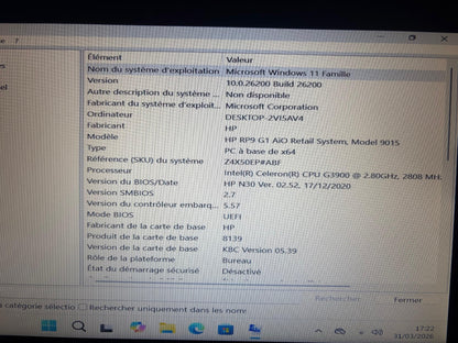 Caisse Tactile HP RP9 G1 9015 – 4Go RAM – 128Go SSD – 15,6" – Win11 – POS Pro