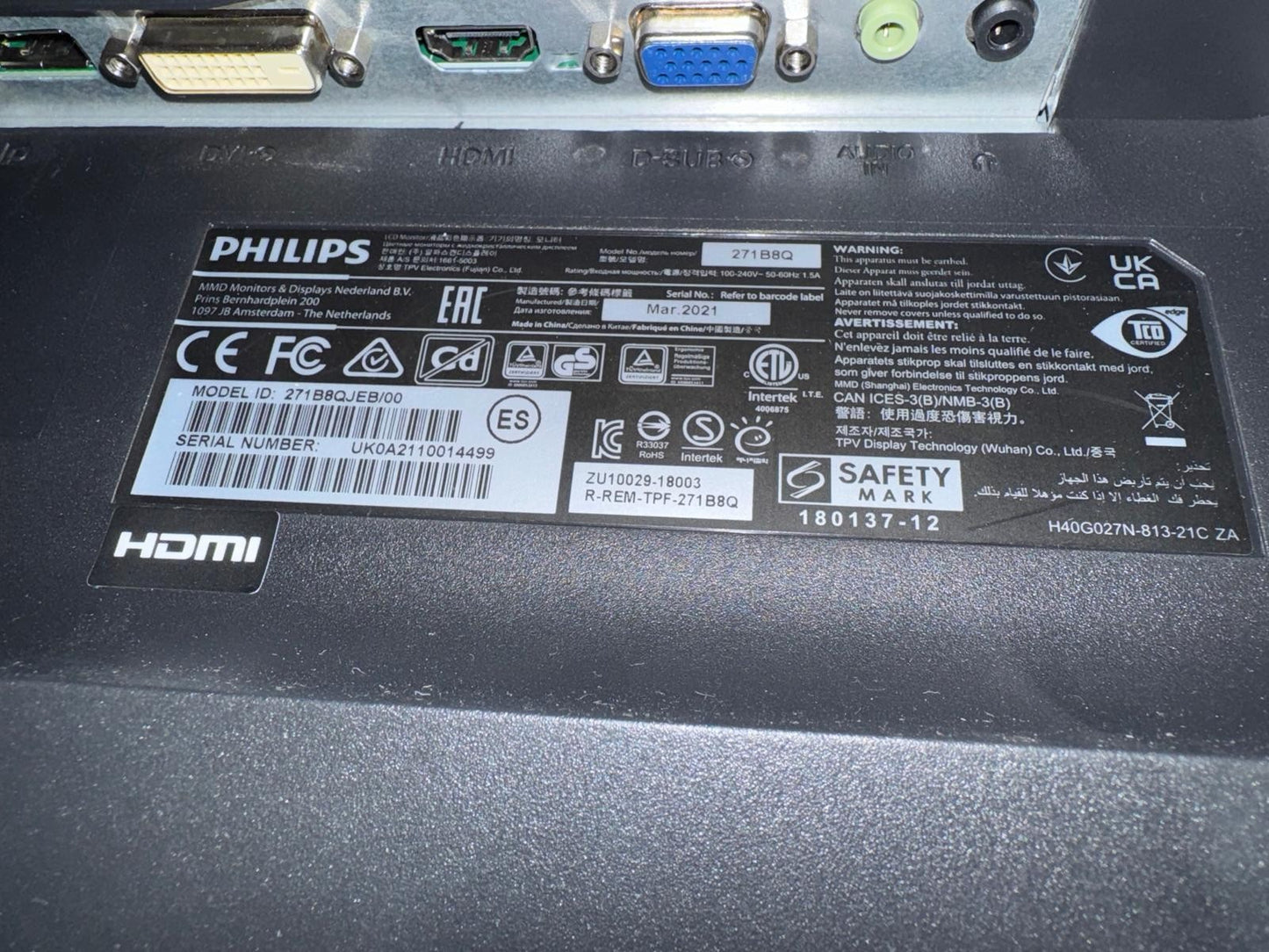 Écran Philips 271B8QJEB/00 – 27" Full HD – IPS – HDMI / DVI / VGA – Haut-parleur