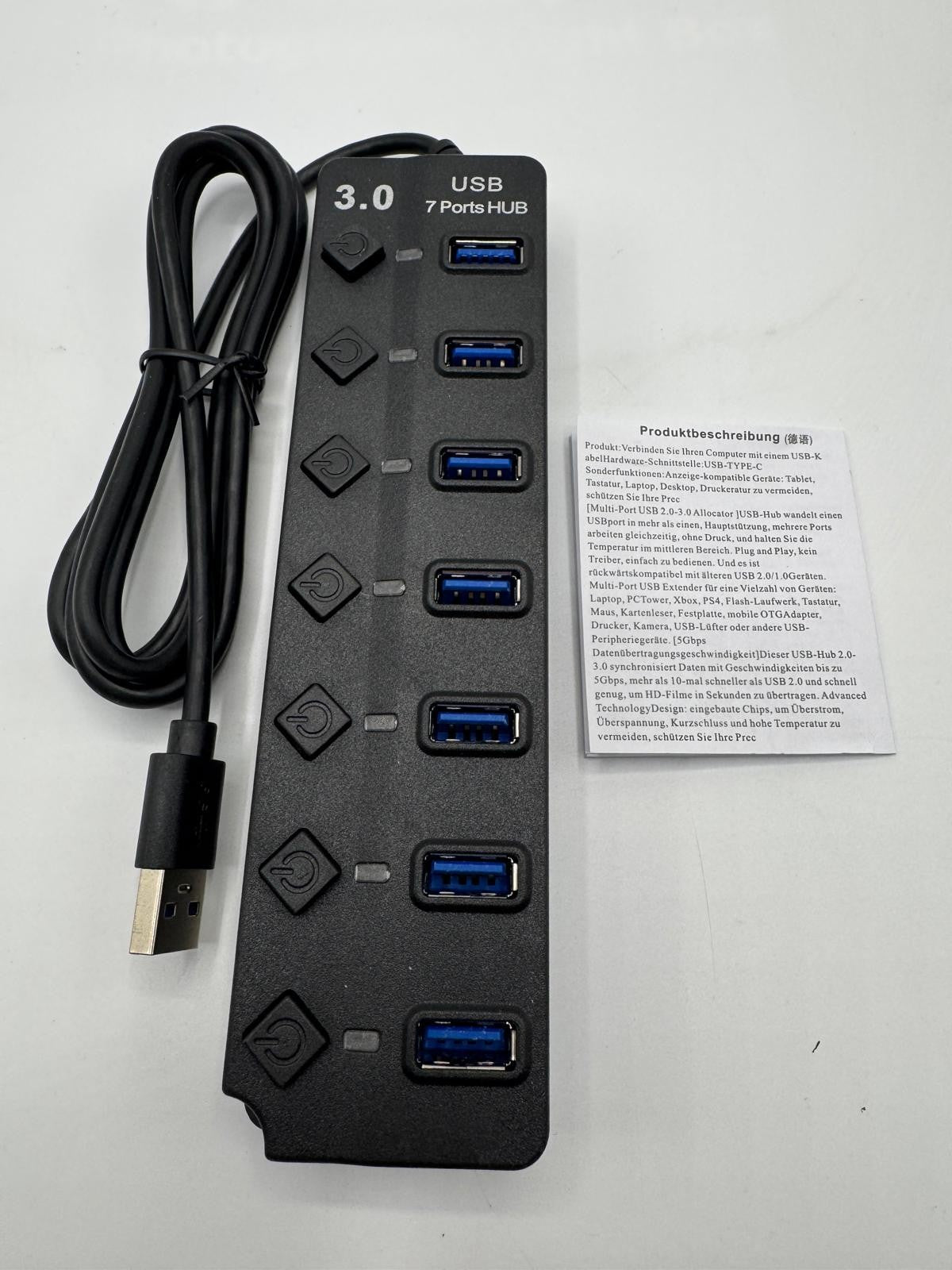 Hub USB 3.0 – 7 Ports avec Interrupteurs LED – Câble Extension – PC & Mac