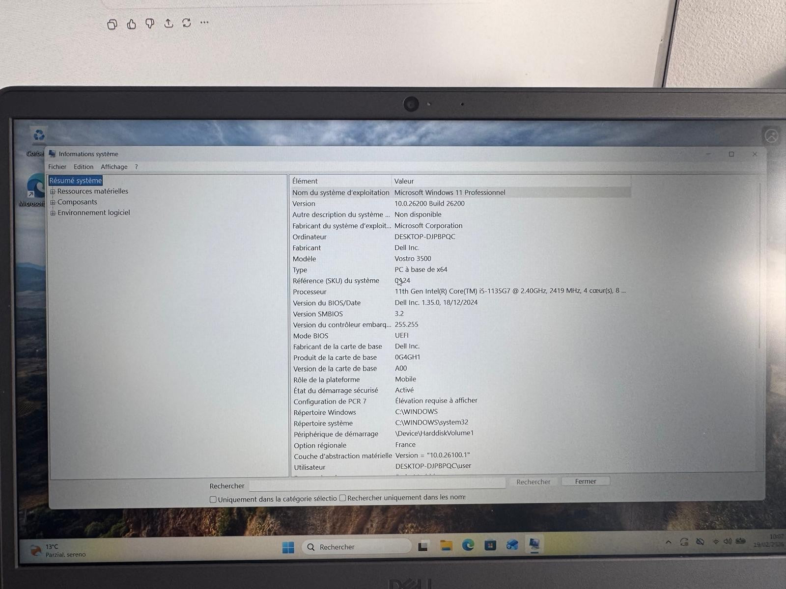 Dell Vostro 3500 i5-1135G7 8Go RAM 256Go SSD 15,6" Win11 Pro Batterie 75% ref M6