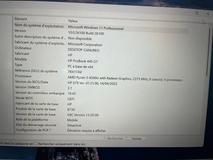 HP ProBook 445 G7 – Ryzen 5 4500U / 8 Go RAM / 256 Go SSD NVMe / Radeon Graphics